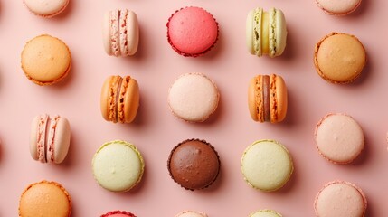 Realistic macaroons apart from each other photo pattern, flat color background, isometric, view from top, bird eye view, professional studio shoot