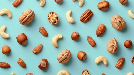 Realistic mixed nuts apart from each other photo pattern, flat color background, isometric, view from top, bird eye view, professional studio shoot