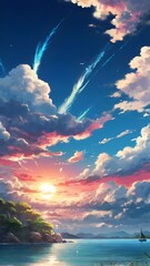 Anime fantasy wallpaper background, Fiery sun dips below the horizon, painting the sky in a blaze of orange and purple hues, as the last rays cast a warm glow on the calm blue ocean, generative ai