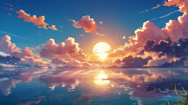 Anime fantasy wallpaper background, Fiery orange and red hues paint a dramatic sunset across the sky, reflecting in the water below, generative ai