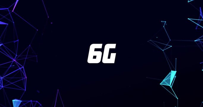 Animation of 6g text and shapes moving on black background
