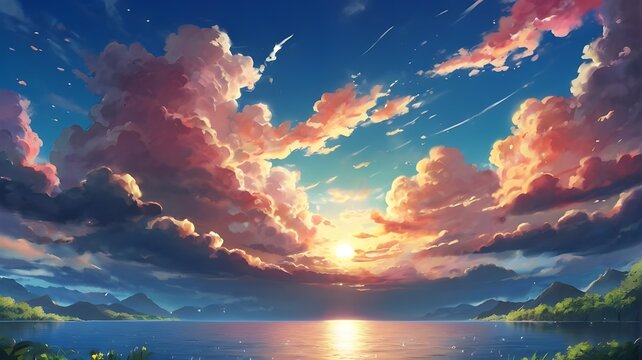 Anime fantasy wallpaper background, Dramatic sunset over mountain peaks paints the sky with fiery orange and red hues, casting long shadows across the landscape, generative ai
