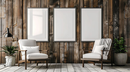 Multi mockup poster frames on barn wood wall, near Adirondack chair, Scandinavian style living room