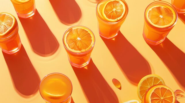 Realistic orange lemonade glasses pattern, flat color background, isometric, view from top, bird eye view, professional studio shoot
