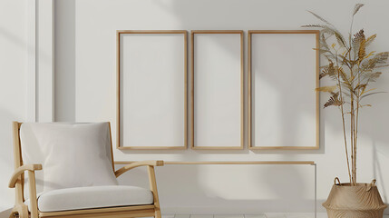 Multi mockup poster frames on a minimalist ladder shelf, next to a fashionable accent chair