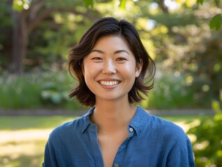 Smiling Asian Woman in Blue Shirt, Celebrating the Month of May Generative AI