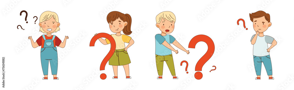 Poster curious kid character with question mark vector set