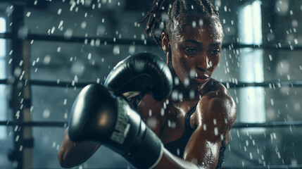 A female boxer dodging a punch during sparring - obrazy, fototapety, plakaty