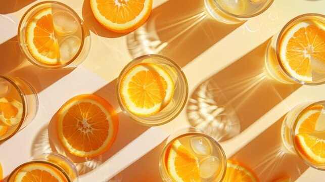 Realistic photo of orange lemonade glasses pattern in shadow play style, flat color background, isometric, view from top, bird eye view, professional studio shoot