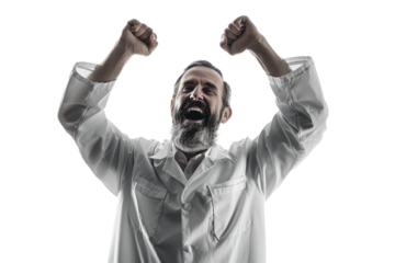 a triumphant gesture by a scientist, symbolizing the excitement of a revolutionary discovery.