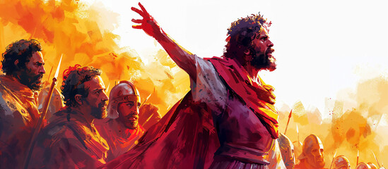 A vibrant painting of Joshua inspiring the Israelites with a rousing speech, set against a backdrop of the Promised Land.