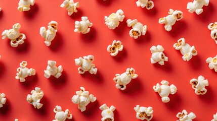 Realistic popcorns pieces apart from each other photo pattern, flat color background, isometric, view from top, bird eye view, professional studio shoot