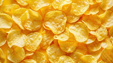 Realistic potato chips apart from each other photo pattern, flat color background, isometric, view from top, bird eye view, professional studio shoot