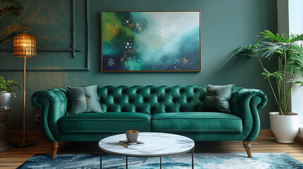 Eleganz in Grün: Ein Samtsofa als Herzstück des Art-Deco-Wohnzimmers