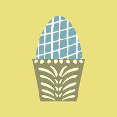 Colored egg in cup vector illustration. Easter meal decor. Painted checkerboard blue egg served in egg holder decorated with hand painted textured brush strokes. Happy Easter design. Paschal food
