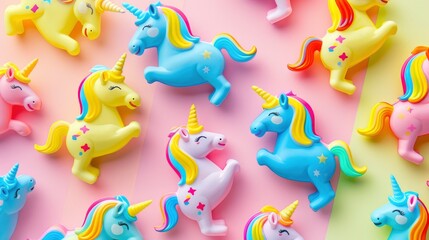 Realistic rainbow unicorns toys apart from each other photo pattern, flat color background, isometric, view from top, bird eye view, professional studio shoot