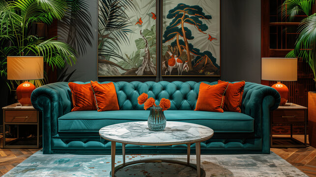 Eleganz in Gr&uuml;n: Ein Samtsofa als Herzst&uuml;ck des Art-Deco-Wohnzimmers