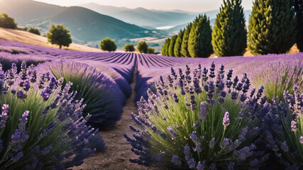 Beautiful bloomed lavender field at sunset - obrazy, fototapety, plakaty