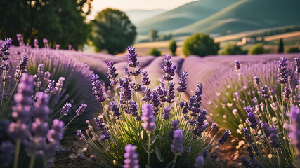 Beautiful bloomed lavender field at sunset - obrazy, fototapety, plakaty