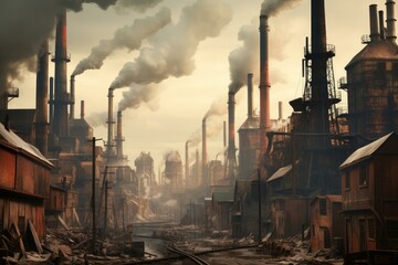 Industrial Smokestacks city. Factory energy smog. Generate Ai