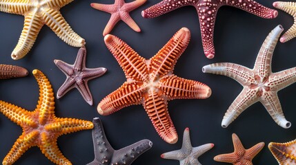 Realistic sea stars apart from each other photo pattern, flat color background, isometric, view from top, bird eye view, professional studio shoot