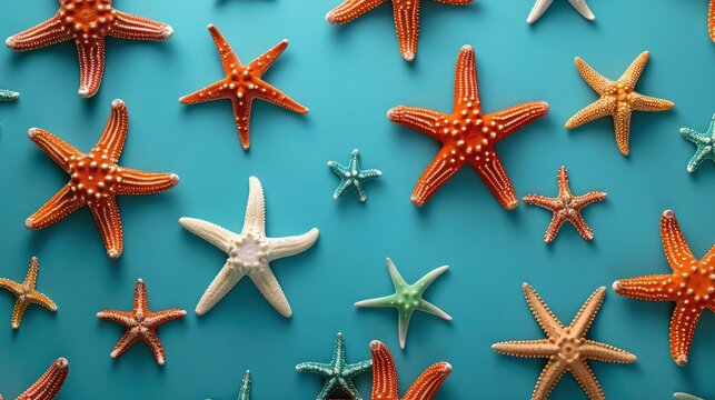 Realistic sea stars apart from each other photo pattern, flat color background, isometric, view from top, bird eye view, professional studio shoot