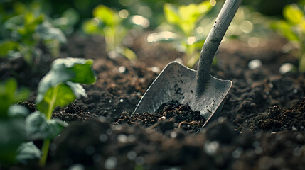 Garden shovel in fertile soil with young plants growing. Organic gardening and sustainable farming concept for design and print