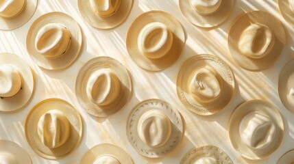 Realistic straw hats apart from each other photo pattern, flat color background, isometric, view from top, bird eye view, professional studio shoot