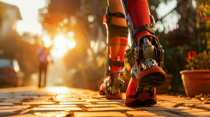 Legs of a person wearing advanced prosthetic limbs walking on a paved path at sunset, symbolizing overcoming challenges - obrazy, fototapety, plakaty