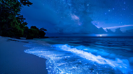 Explore a hidden beach where the sand glows at night perfect for summer night snorkeling under a bioluminescent sky