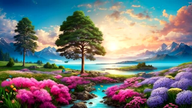 Animation of a beautiful lake with flowers blooming around it, butterflies dancing, in springtime Seamless looping 4k time-lapse animation video background