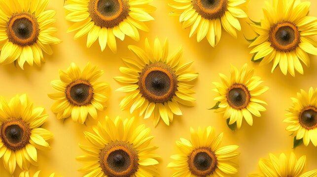 Realistic sunflowers apart from each other photo pattern, flat color background, isometric, view from top, bird eye view, professional studio shoot