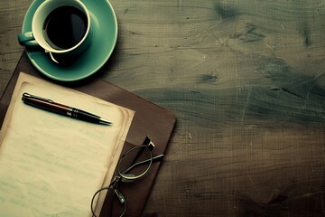 a cup of coffee and a pen on a table