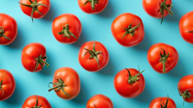 Realistic tomatoes apart from each other photo pattern, flat color background, isometric, view from top, bird eye view, professional studio shoot