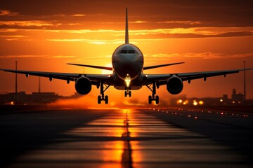 A large jetliner taking off from an airport runway at sunset or dawn with the landing gear down. Tourism and travel concept - obrazy, fototapety, plakaty