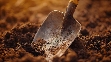 Close-up of metal garden shovel in soil. Gardening and agriculture concept. Tool design for poster, banner, sticker - obrazy, fototapety, plakaty