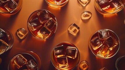 Realistic whiskey with ice glasses apart from each other photo pattern, flat color background, isometric, view from top, bird eye view, professional studio shoot 
