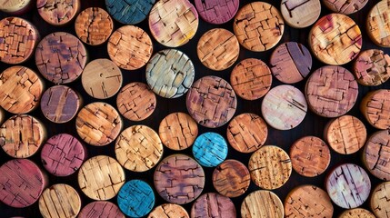 Realistic wine corks apart from each other photo pattern, flat color background, isometric, view...