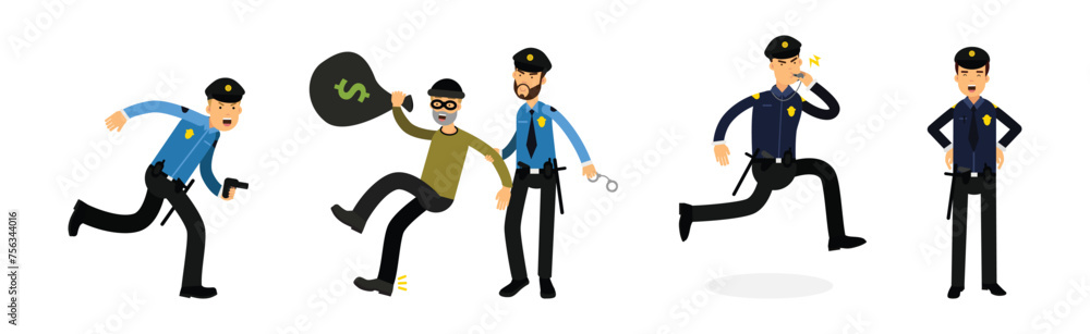 Poster man police officer character in uniform as guard and security vector set