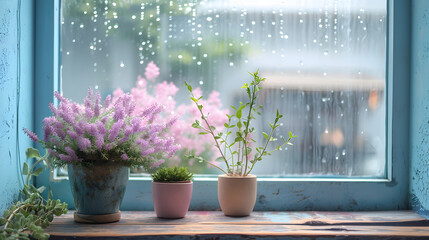 Pastel, periwinkle, and lavender, minimalist wallpaper, cafe and library aesthetic by a rainy window, some plants