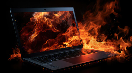 Burning laptop and keyboard, equipment fire due to faulty battery and wiring. Laptop Computer setting the world on fire. Laptop burning in flames. Fire hazard. Losing valuable data. Laptop Damage. - obrazy, fototapety, plakaty