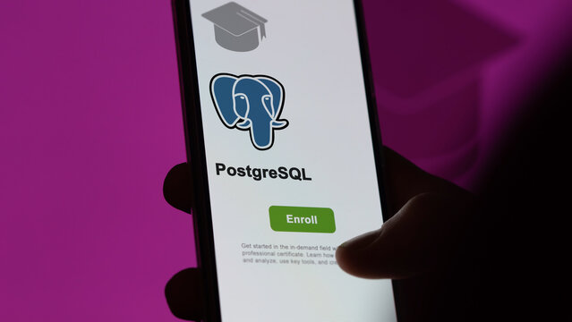 March 04th 2024. Student enrolls to PostgreSQL program on a phone, artificial intelligence certification by e-learning