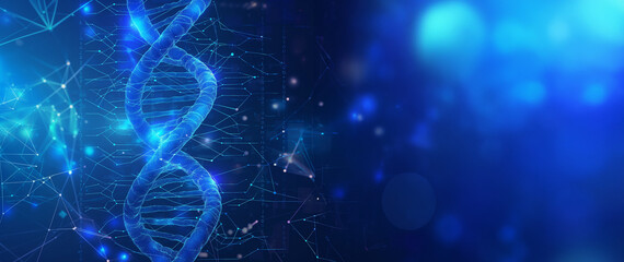 Abstract concept of a DNA helix with futuristic network connections on a dark blue backdrop