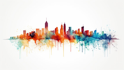 Fototapeta premium multicolored spectrum silhouette of the city, watercolor illustration on a white background, cityline liquid paint, isolated print