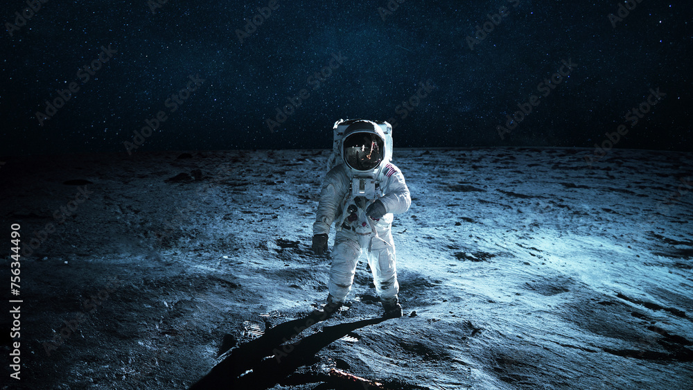 Poster lonely astronaut walks on the lunar surface. lunar mission and exploration. space man on the moon