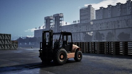 A forklift is parked in front of a large building, showcasing industrial machinery in an urban setting.