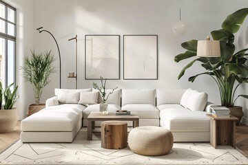 Modern Living Room with White Furniture and Plant Decorations Generative AI