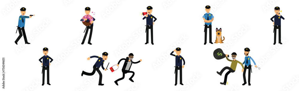 Poster man police officer character in uniform as guard and security vector set