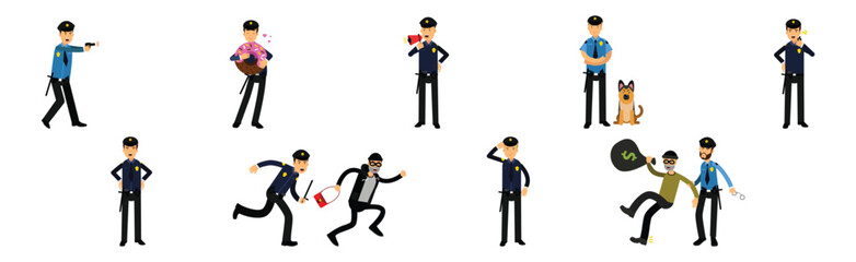 Man Police Officer Character in Uniform as Guard and Security Vector Set