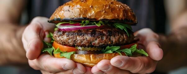 Closeup of a vegan burger in a mans hands . Concept Food Photography, Vegan Cuisine, Plant-Based...